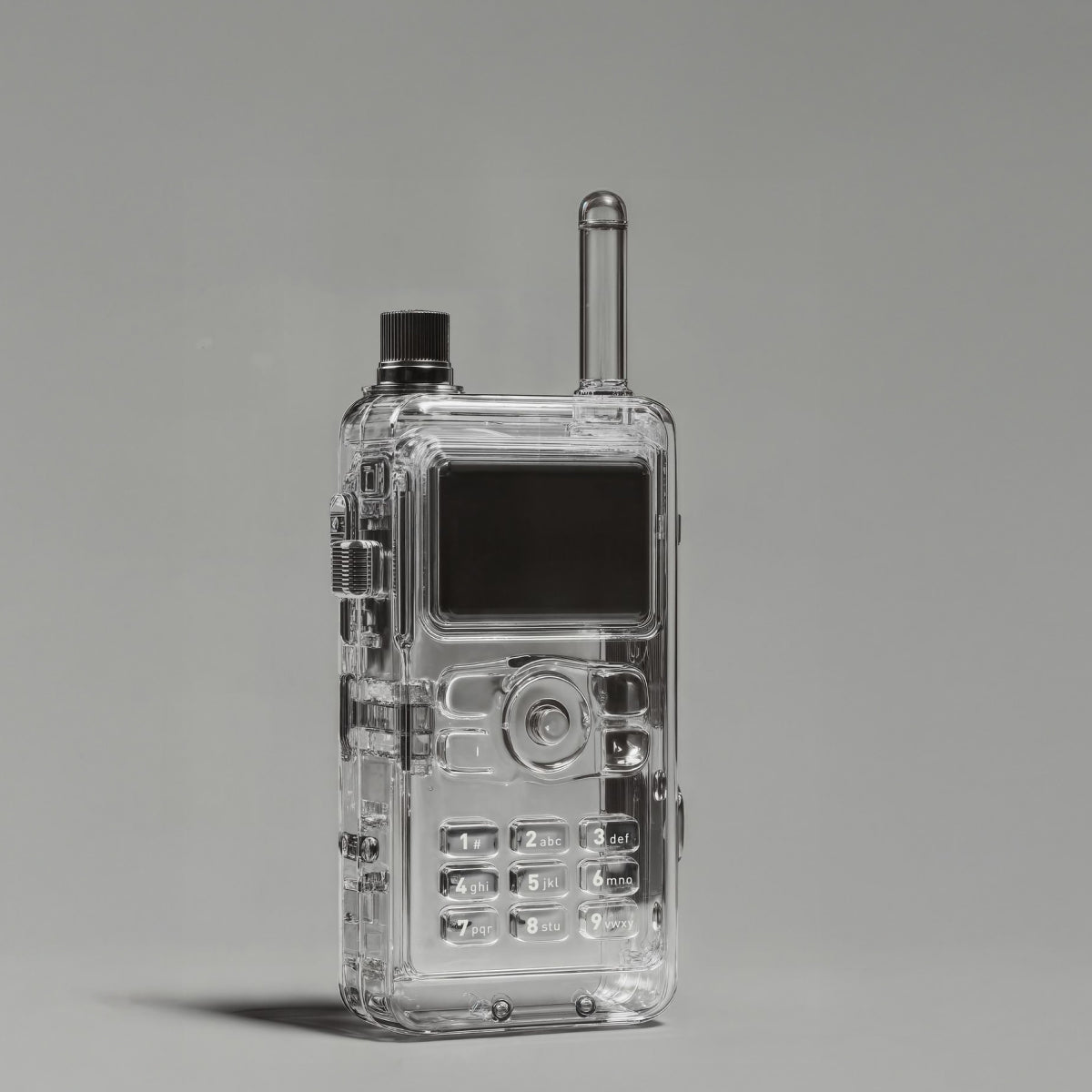 Clear-shell handheld communicator on a grey studio field.